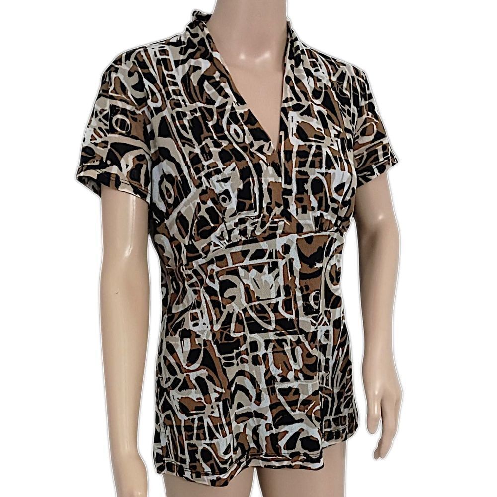 Dana Buchman Empire Waist Top M Mesh Sheer Overlay Babydoll Abstract Y2K Earthy - Picture 3 of 16